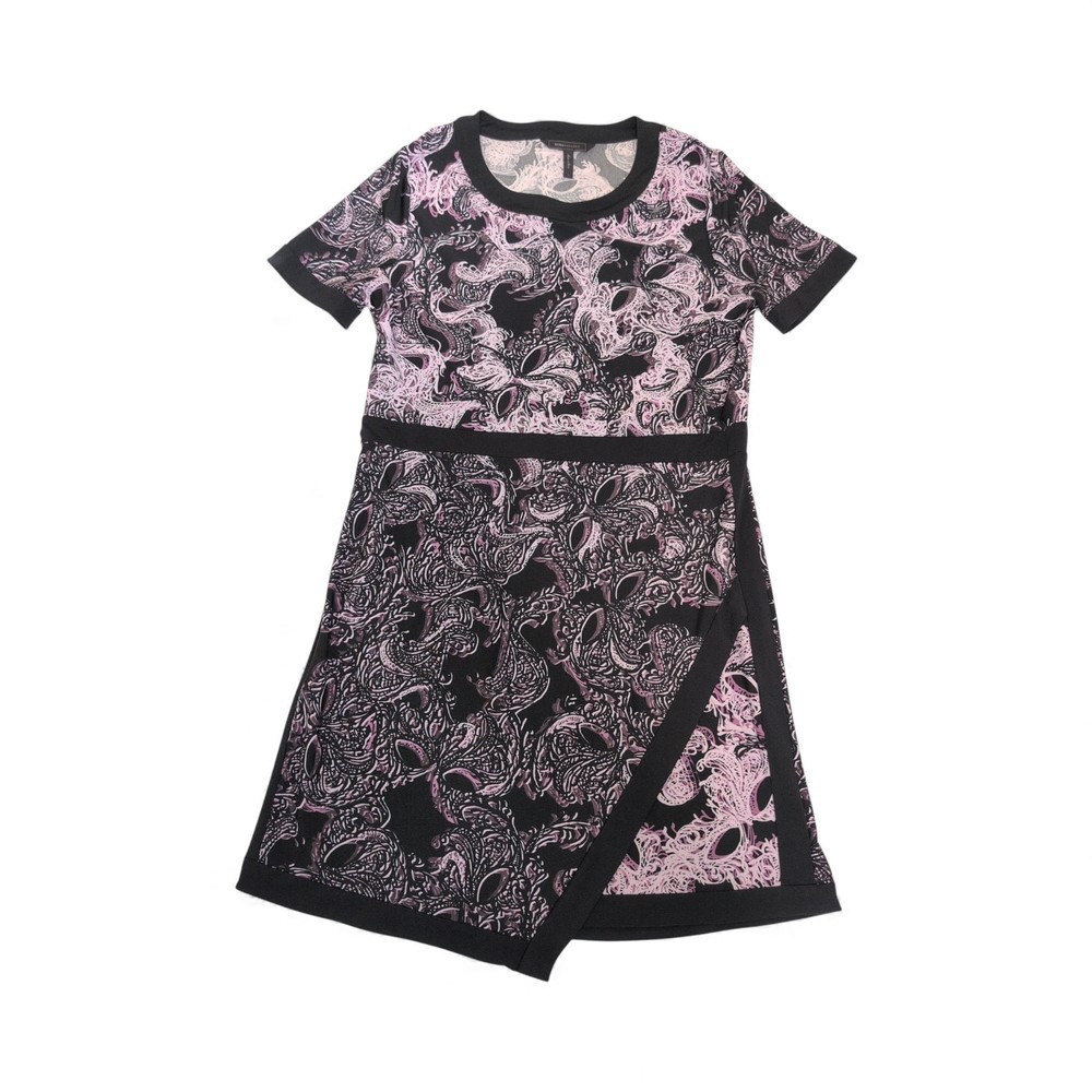 BCBGMAXAZRIA Black & Pink Printed‎ Short-Sleeve Wrap Dress  Size L